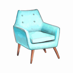Hand drawn watercolor illustration. Blue textile vintage armchair. © Artem
