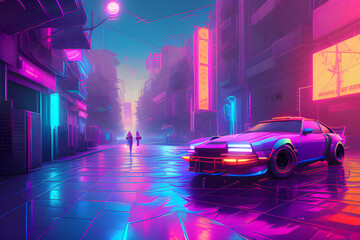 Fototapeta na wymiar Neon Cyberpunk City with sportscar