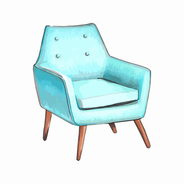 Hand drawn watercolor illustration. Blue textile vintage armchair.