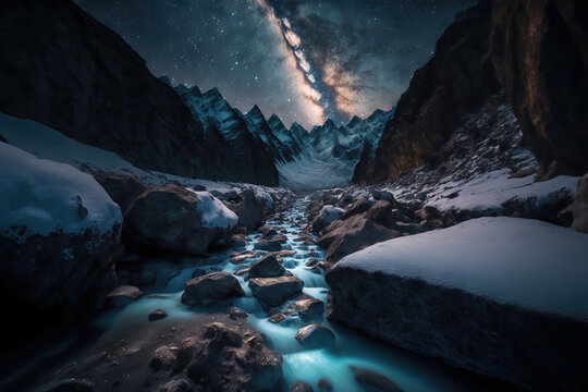 Generative AI : small waterfalls formed from ice melting in the mountains, flowing through rocks. Milky Way in the background