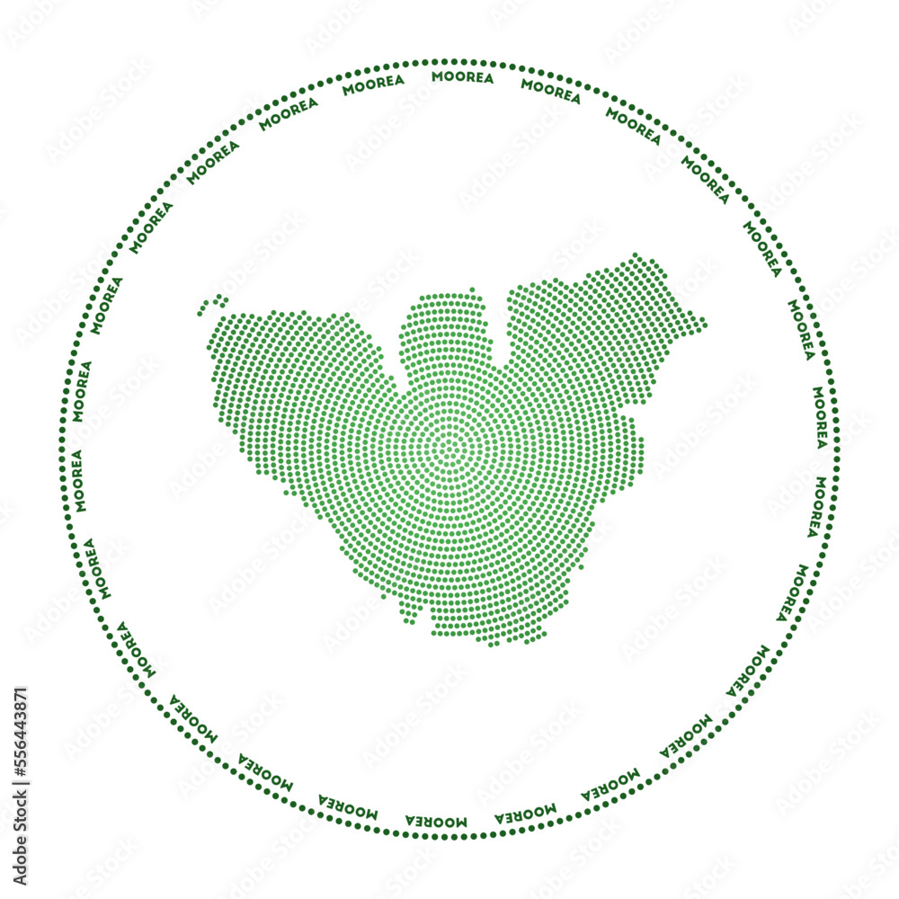 Poster moorea round logo. digital style shape of moorea in a dotted circle with the island name. tech icon 