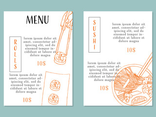 Hand drawn asian food collection with sushi and ramen. creative restaurant and bar menu template.