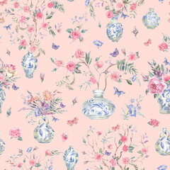 Watercolor garden rose bouquet seamless pattern, blooming tree, Chinese blue vase texture on pink