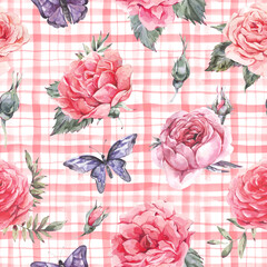 Watercolor rustic pink checkered floral seamless pattern with roses Hand drawn stripe texture