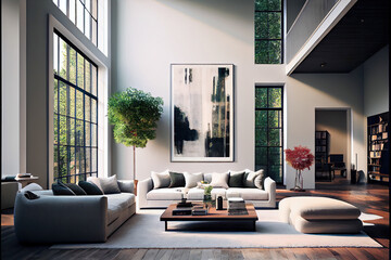 With a creative mix of realism and abstraction on display, this home features an inviting lounge area with high walls with massive windows. A coffee table in the center, while three comfortable couch