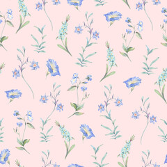 Fototapeta na wymiar Watercolor vintage tiny blue wildflowers seamless pattern, botanical floral ditsy texture on pink