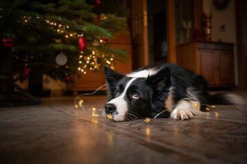 Border Collie with Cute Look with Christmas Tree. Adorable Black and White Dog Lies Down on Floor...