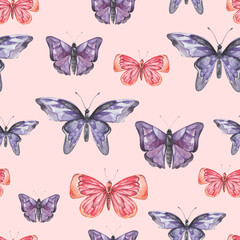 Watercolor vintage colorful butterflies seamless pattern, natural butterfly texture on pink