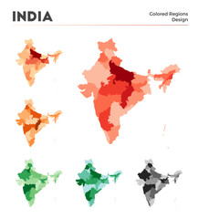 India map collection. Borders of India for your infographic. Colored country regions. Vector illustration.