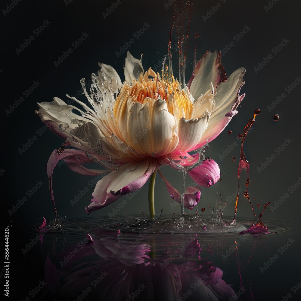 Poster a flower with water droplets on it and a black background with a reflection of it in the water and a