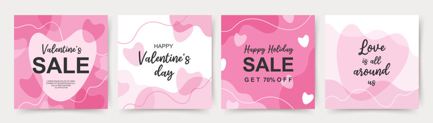 Valentine's day holidays square pink templates. Social media post with hearts. Sales promotion on Valentine's Day. Vector illustration for greeting cards, mobile apps, banner design and web ads