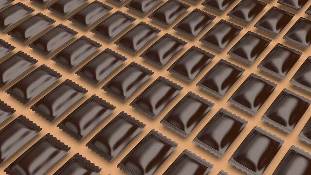Many rows with brown sachets for confectionary products