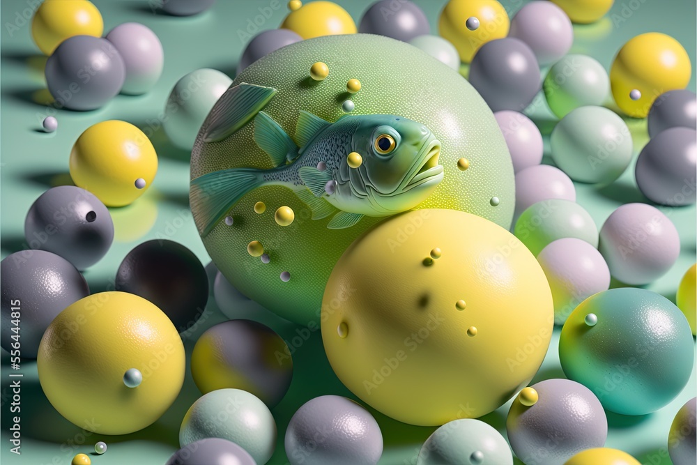 Poster a fish is sitting on a ball surrounded by balls of different colors and sizes of balls and shapes., 