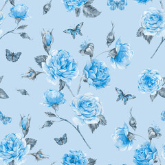 Watercolor vintage garden rose bouquet seamless pattern, blue monochrome botanical floral texture on white