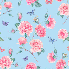 Watercolor vintage garden rose bouquet seamless pattern, botanical floral texture on blue