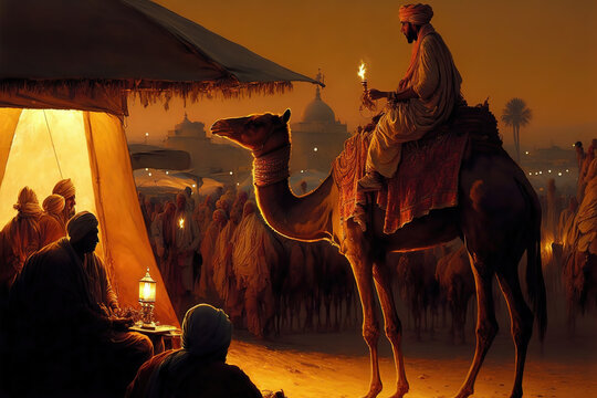 Generative AI : Camels against Golden light of the Sunrise at Pushkar Camel Fair/mela in Rajasthan, India

