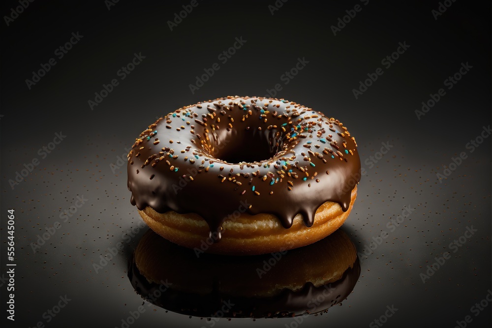 Poster a chocolate donut with sprinkles on a black surface with a reflection of it on the surface., generat