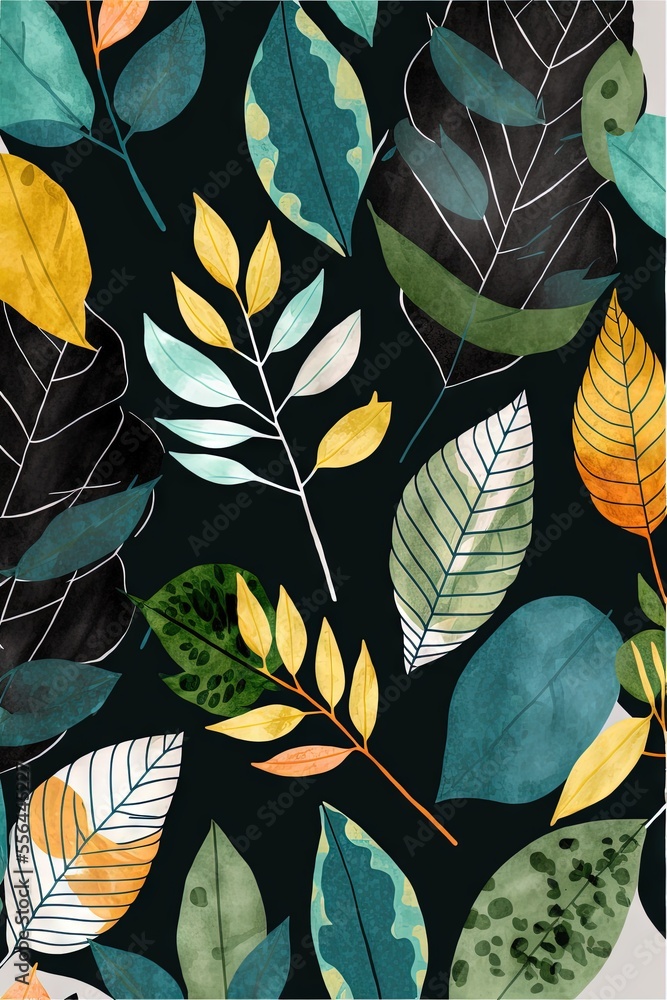Poster a black background with a bunch of leaves on it and a white frame with a white border around it., ge