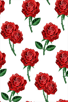 Seamless pattern of red flowers roses and leaves. Flowwer pattern. Rose. White background.