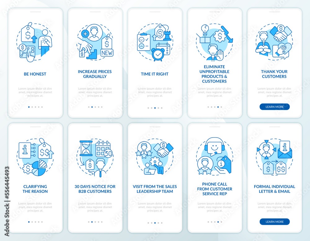Aufkleber increasing prices blue onboarding mobile app screen set. retain client walkthrough 5 steps editable 