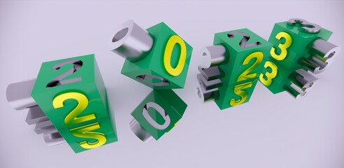 3D rendering a text new year 2023 with a dice formation