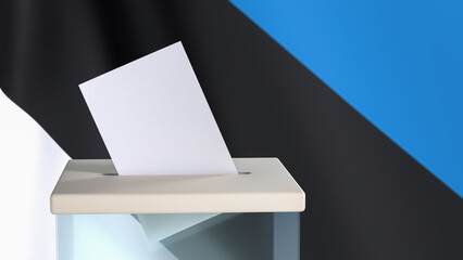 Blank ballot with space for text or logo is dropped into the ballot box against the backdrop of the flag of Estonia. Election concept. 3D rendering. Mock up