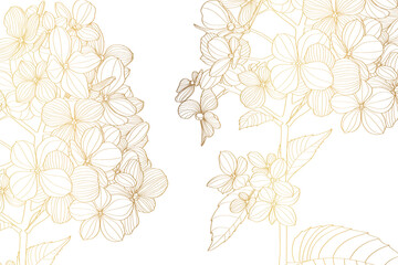 Luxury wallpaper design with golden hydrangea flower and natural background. Line design for wall art, fabrics, prints and background texture, illustration.