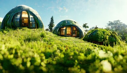 Futuristic domed houses. Eco village glamping. Green grass. Generative AI technology