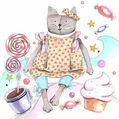 Hand drawn illustration. Cat doll with sweets and candys for girlish birthday party.