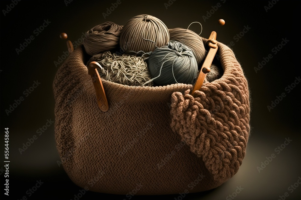 Poster a basket filled with yarn and knitting needles on a table top with a black background and a brown ba