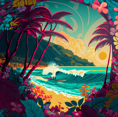 Hawaiian print pattern, colorful design illustartion