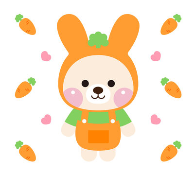 Rabbit character illustration set with cute and smiling expressions. The rabbit character is wearing a carrot hat and the background is a carrot and heart pattern.