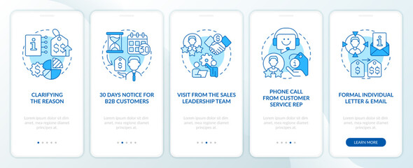 Communicate price increase blue onboarding mobile app screen. Walkthrough 5 steps editable graphic instructions with linear concepts. UI, UX, GUI template. Myriad Pro-Bold, Regular fonts used