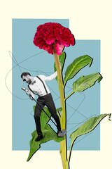 Collage photo of young singer cool star celebrity performer hold microphone serenade stage concert...