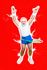 Creative photo collage of mature aged old sportsman wear headband rotating plastic hula hoop...