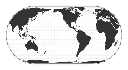 Vector world map. Herbert Hufnage's pseudocylindrical equal-area projection. Plain world geographical map with latitude and longitude lines. Centered to 120deg E longitude. Vector illustration.
