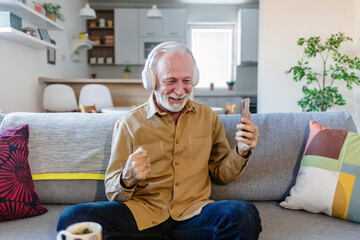 Joyful senior bearded man in wireless headphones listening to music, copy space, close up. Happy handsome mature man in headset relaxing on couch in living room.