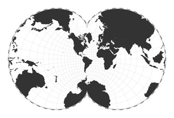 Vector world map. Eisenlohr conformal projection. Plain world geographical map with latitude and longitude lines. Centered to 60deg E longitude. Vector illustration.