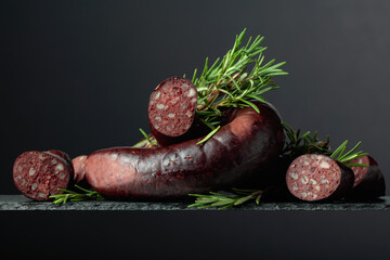 Spanish black pudding or blood sausage with rosemary.