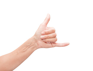 Woman palm hand, fingers bent, extended thumb and little finger, sign language y , isolated on white background with clipping path