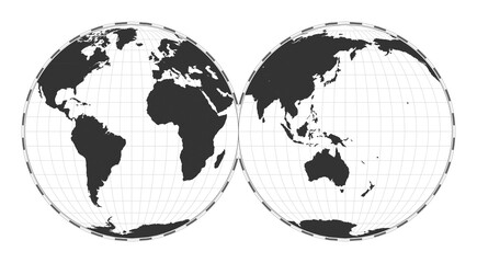Vector world map. Mollweide projection interrupted into two (equal-area) hemispheres. Plain world geographical map with latitude and longitude lines. Centered to 60deg W longitude.