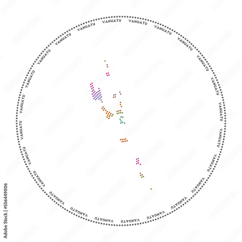 Poster vanuatu round logo. digital style shape of vanuatu in a dotted circle with the country name. tech ic