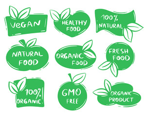 Organic labels hand drawn set. Stickers biological healthy products. Eco food stamp. Green stamps natural products vector illustration. Handwritten lettering, calligraphy tag