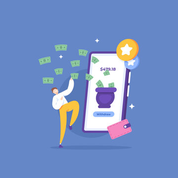 withdraw money, money making application, earn money online or from the internet. a male user or customer is happy because he gets a salary from a smartphone. royalty gifts. concept illustration
