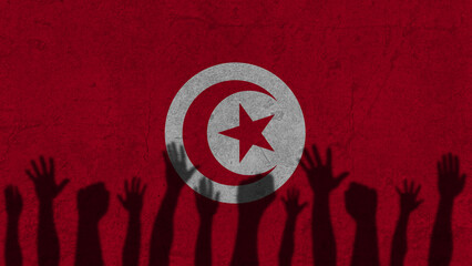Protesters hands shadow on Tunisia flag, political news banner, against the decision concept