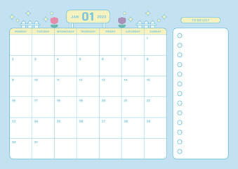 January 2023 calendar template design illustration in colorful and cute style. Notes, scheduler, diary, calendar, memo, planner document template background. 