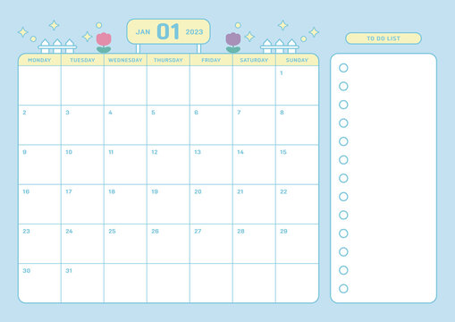 January 2023 calendar template design illustration in colorful and cute style. Notes, scheduler, diary, calendar, memo, planner document template background.