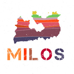 Milos map design. Shape of the island with beautiful geometric waves and grunge texture. Stylish vector illustration.