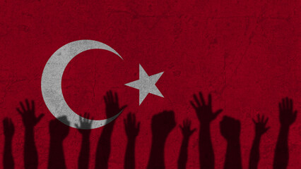 Protesters hands shadow on Turkey flag, political news banner, against the decision concept