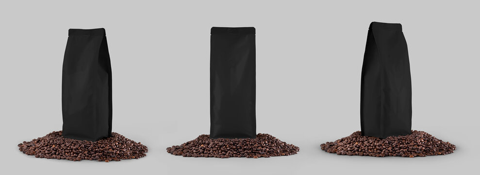 Mockup of black coffee pouch on coffee beans, gusset packaging with degassing valve, isolated on background. Set bag.